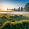 peaceful meadow at with blanket of mist hugging the while the first rays of