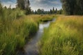 peaceful meadow of tall grasses with a trickling stream in the background