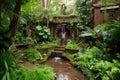 peaceful meditation garden with cascading spring waterfalls and greenery