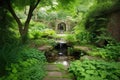 peaceful meditation garden with cascading spring waterfalls and greenery