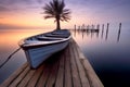 Serenity at Dusk - Wooden Boat Anchored by Empty Pier with Palm Tree and Silhouetted Coastline