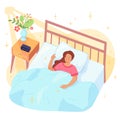 Peaceful morning sleep. Peace sleeping woman under blanket on cozy bed, cartoon asleep female early day, hotel or home