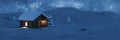 Peaceful mountain cabin in winter night covered by snow. Stars glittering in the sky. Light in the window.