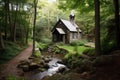 peaceful mountain chapel, with babbling brook and waterfall, surrounded by towering trees Royalty Free Stock Photo