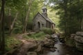 peaceful mountain chapel, with babbling brook and waterfall, surrounded by towering trees Royalty Free Stock Photo