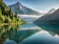 A peaceful mountain lake, surrounded by misty mountains and lush greenery, backgrounds Royalty Free Stock Photo