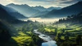 Peaceful Mountain Landscape on a Misty Morning. - AI Generated
