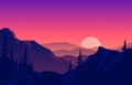 Peaceful Mountain Panorama Landscape in Monochromatic Flat Illustration