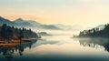 Peaceful mountain retreat at sunrise or sunset, misty hills, soft glowing light, tranquil lake Royalty Free Stock Photo