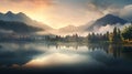 Peaceful mountain retreat at sunrise or sunset, misty hills, soft glowing light, tranquil lake Royalty Free Stock Photo