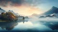 Peaceful mountain retreat at sunrise or sunset, misty hills, soft glowing light, tranquil lake Royalty Free Stock Photo