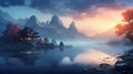 Peaceful mountain retreat at sunrise or sunset, misty hills, soft glowing light, tranquil lake