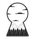 Peaceful mountains in keyhole shape black and white 2D illustration concept