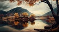 A Peaceful Mountains With River and Trees of Autumn Landscape Background AI Generative