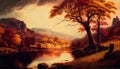 A Peaceful Mountains With River and Trees of Autumn Landscape Background AI Generative