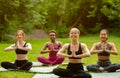 Peaceful multiethnic women meditating during their morning yoga practice at park, copy space Royalty Free Stock Photo