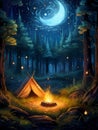 peaceful nighttime in forest scene illuminated by a bright full moon