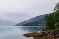 A serene Norwegian fjord lies under a soft grey sky, rocky shores and seaweed bordering still waters Royalty Free Stock Photo