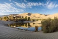 peaceful oasis surrounded by soaring dunes and sunbaked peaks Royalty Free Stock Photo