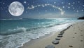Peaceful ocean waves and starry night sky with full moon over stone path Royalty Free Stock Photo
