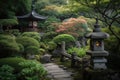 peaceful pagoda garden with carefully placed stones, lanterns, and foliage