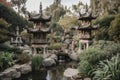 peaceful pagoda garden with water features, elegant greenery, and artwork