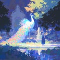 Peaceful Park Encounter with Majestic Peacock, 95 characters