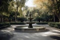 Peaceful Park With Fountain In Front Of A Palm Tree. Generative AI