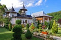 Orthodox church - Monastery Bujoreni, landmark attraction in Romania. Spring landscape Royalty Free Stock Photo