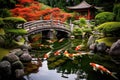 A peaceful pond filled with countless koi fish, showcasing vibrant colors, situated beside a charming bridge, A tranquil Japanese