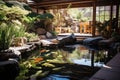 A peaceful pond filled with a diverse array of fish swimming gracefully in their natural habitat, A tranquil zen garden with koi