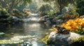 Peaceful Pond with Frog and Waterfall Royalty Free Stock Photo