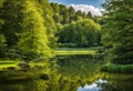 A peaceful pond surrounded by trees