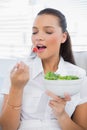 Peaceful pretty woman eating healthy salad sitting on sofa Royalty Free Stock Photo