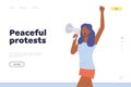 Peaceful protest landing page template with happy young woman character singing in megaphone design