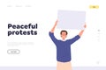 Peaceful protest landing page template with positive man cartoon character holding placard