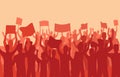 Peaceful protest and revolution. Silhouette of riot protesting crowd demonstrators with banners and flags. People on the