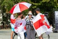 Peaceful protest supporting Belarus against ongoing repressions and call for free with red and white flag