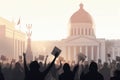 A peaceful protest taking place in a large city square surrounded by buildings in the background.. AI generation