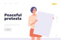 Peaceful protests landing page template with positive smiling young woman character holding placard