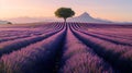 Serene lavender field at sunrise with solitary tree and mountain backdrop. calm, vibrant landscape ideal for decor. AI