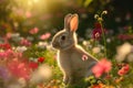 Serene rabbit amidst flower field at golden hour