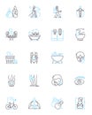 Peaceful retreat linear icons set. Tranquil, Serene, Calming, Rejuvenating, Relaxing, Quiet, Harmonious line vector and