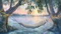 Peaceful retreat in watercolor: hammock, serene lake, sunset reflection, and fireflies. Private retreats