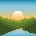 Peaceful river in the mountains green summer landscape at sunset Royalty Free Stock Photo