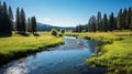 A peaceful river winding through a tranquil meadow