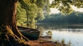 A peaceful riverbank with a rowboat at rest Royalty Free Stock Photo