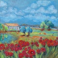 Peaceful rural landscape with lake, house and poppy field drawing by pastel Royalty Free Stock Photo