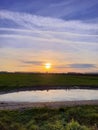 Sunset Over Green Fields with Sky Reflection in Water Royalty Free Stock Photo