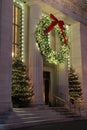 Peaceful scene of Christmas wreath and trees, adorning Adirondack Trust Co, Saratoga,New York,2015